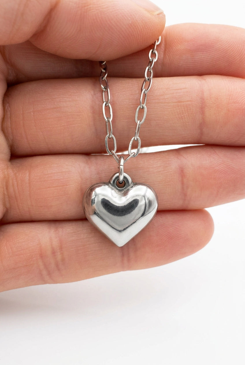 Heart On and String- Stainless Steel Silver Necklace