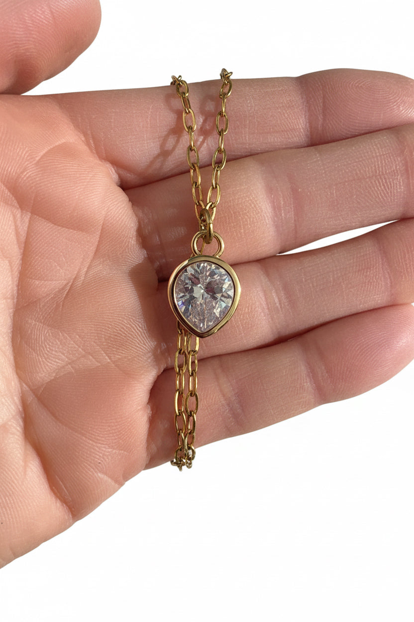 Rose Pink Dewdrop on Stainless Steel Necklace