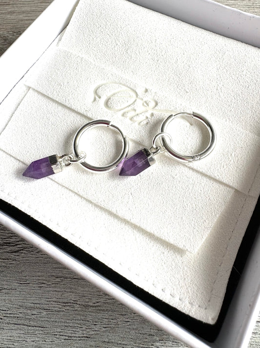Amethyst Point Crystal Hoop Earrings Stainless Steel