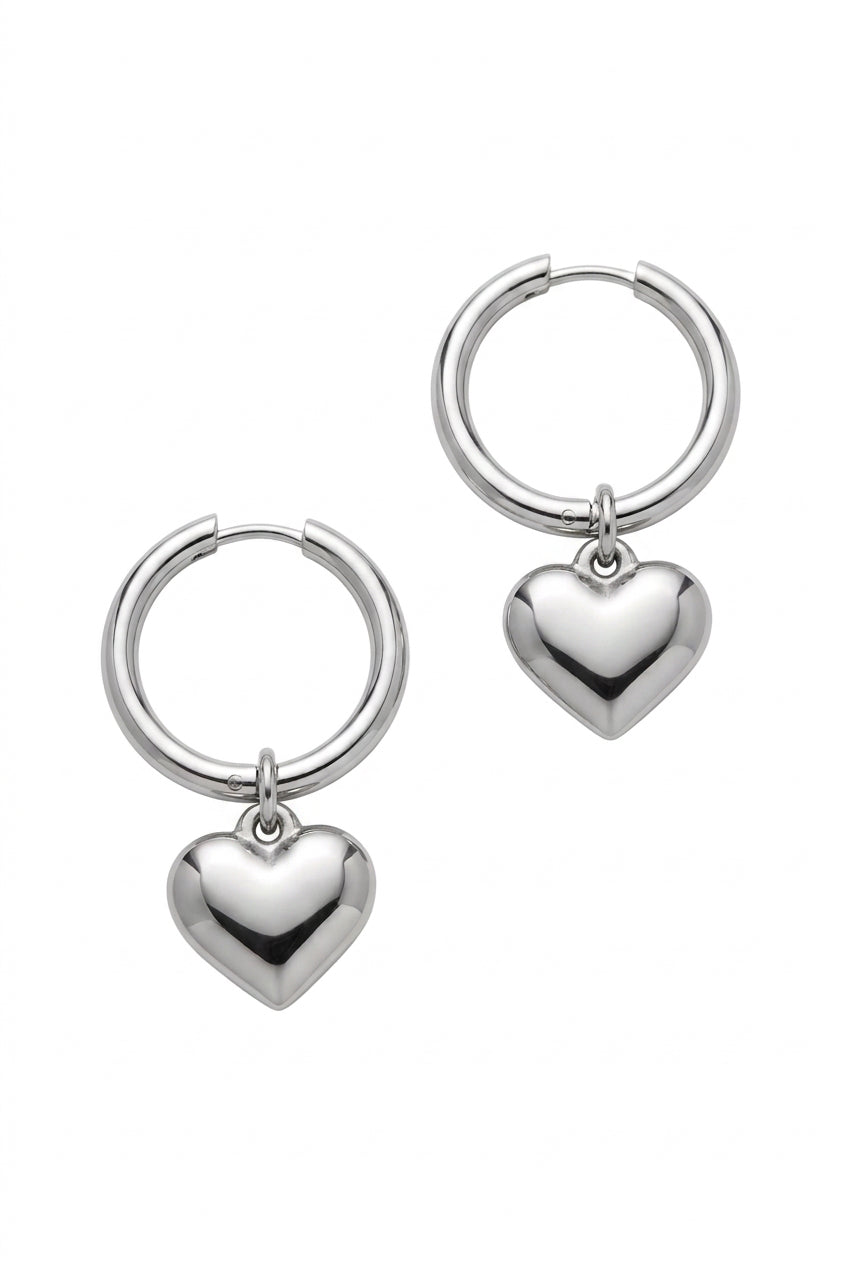 Puff Heart Dark Silver Stainless Steel Hoops