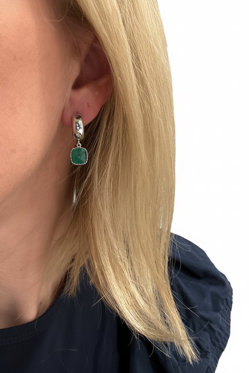 Palace Green Droplets on Silver Huggies