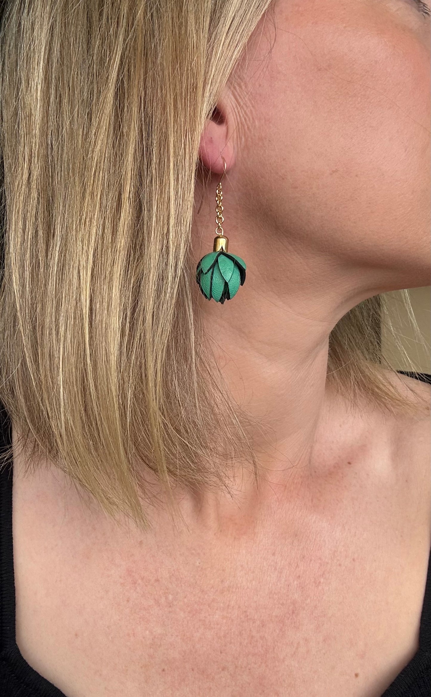 Emerald Wild Flower Leather Chain Earrings