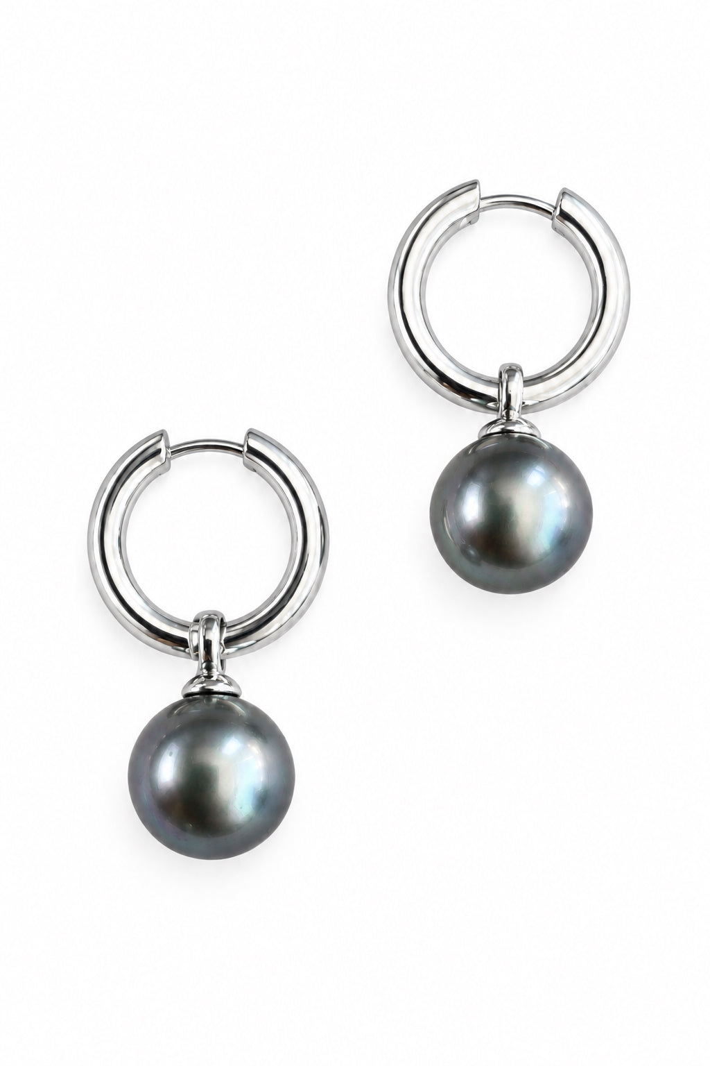 Grey Pearl Rounds on Silver Hoops