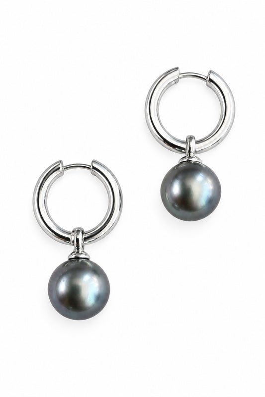 Grey Pearl Rounds on Silver Hoops