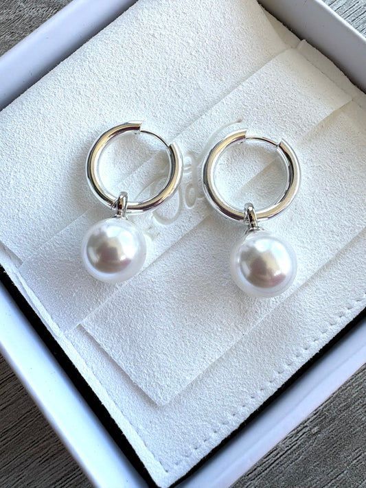 White Pearl Rounds on Hoops- Your choice of colour-Gold-Rose Gold-Silvet