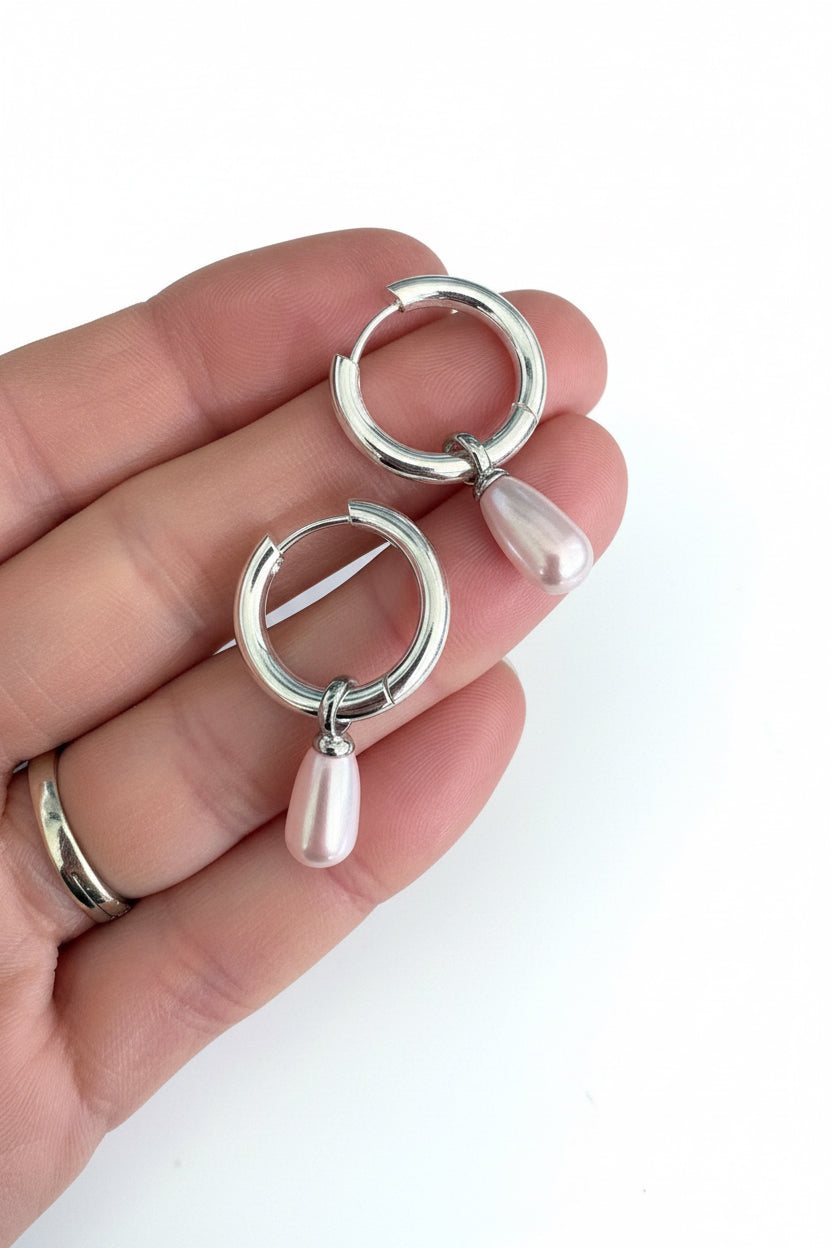 Pearl Droplet Hoops Pink