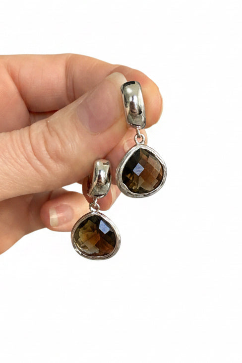 Chocolate Brown Jewel Drops on Silver Huggies