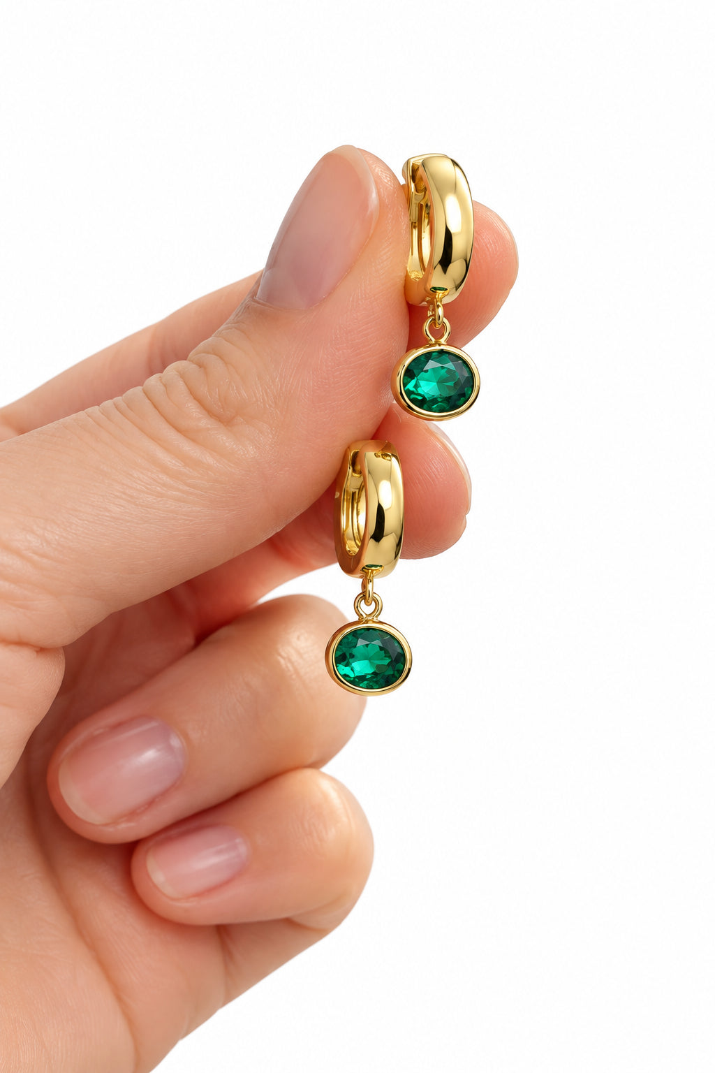Emerald Droplet Jewel on Huggies Gold