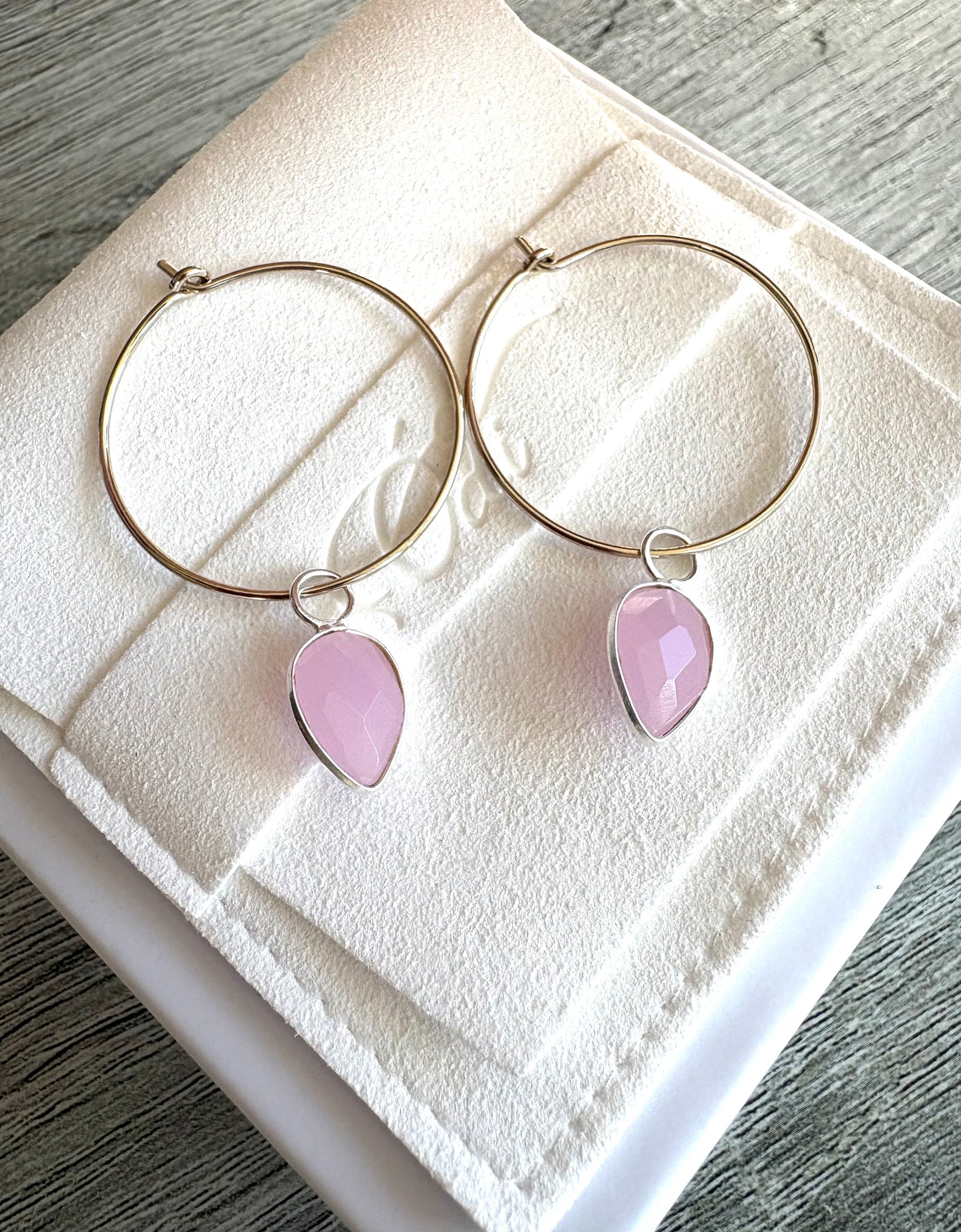 Pink Chalcedony Teardrops on 925 Sterling Silver Hoops