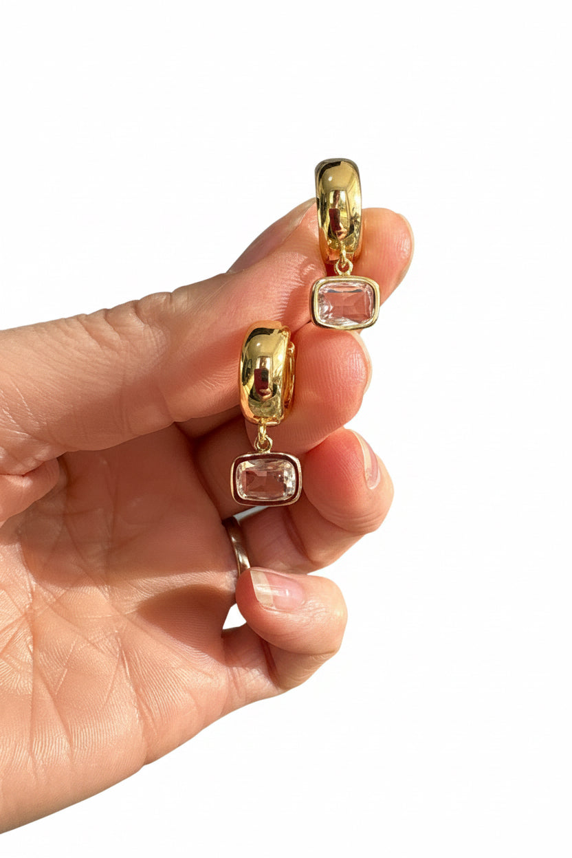 Clear Rectangular Jewels on Gold Huggies