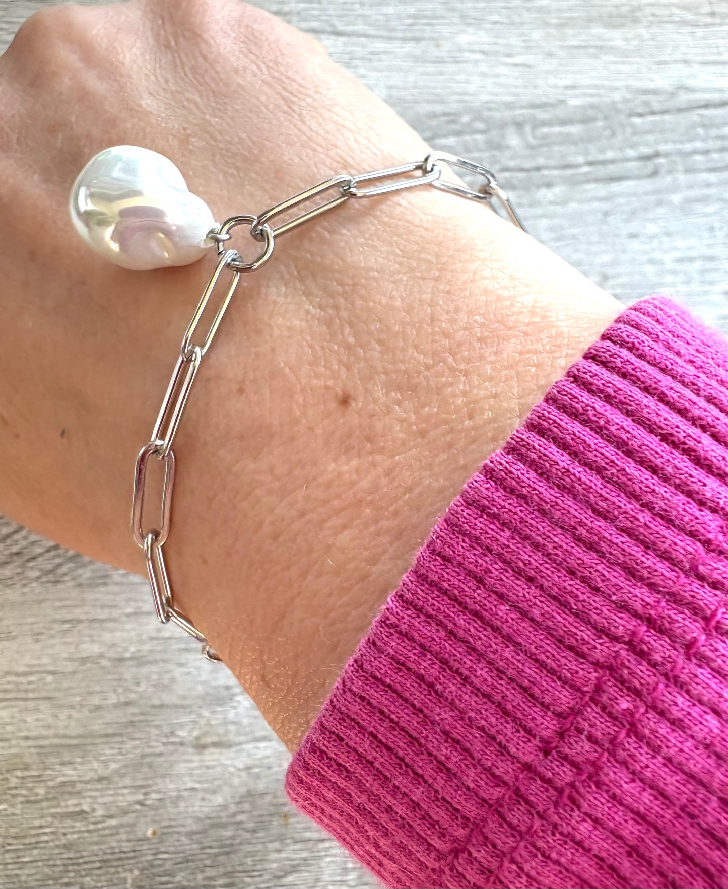 Baroque Pearl Bracelet on Stainless Steel Paper Clip Chain