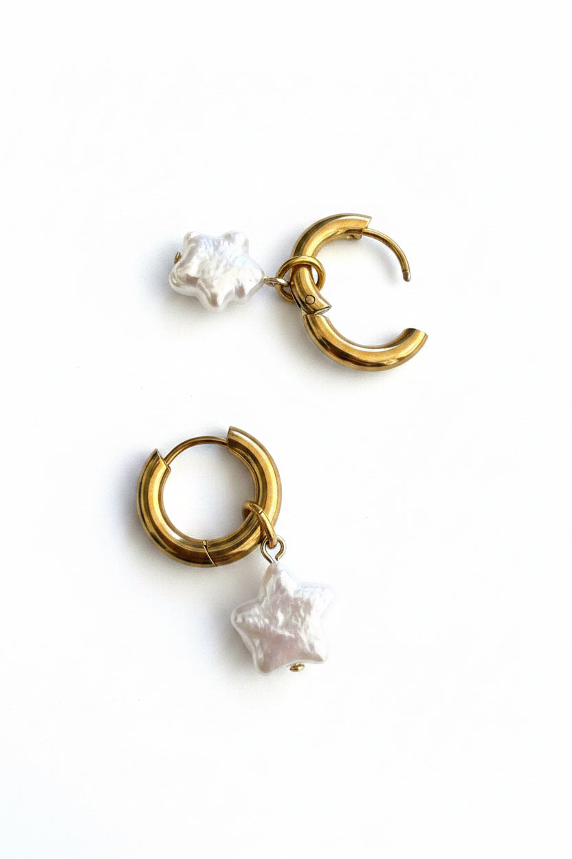 Fresh Water Pearl Star Huggies Stainless Steel