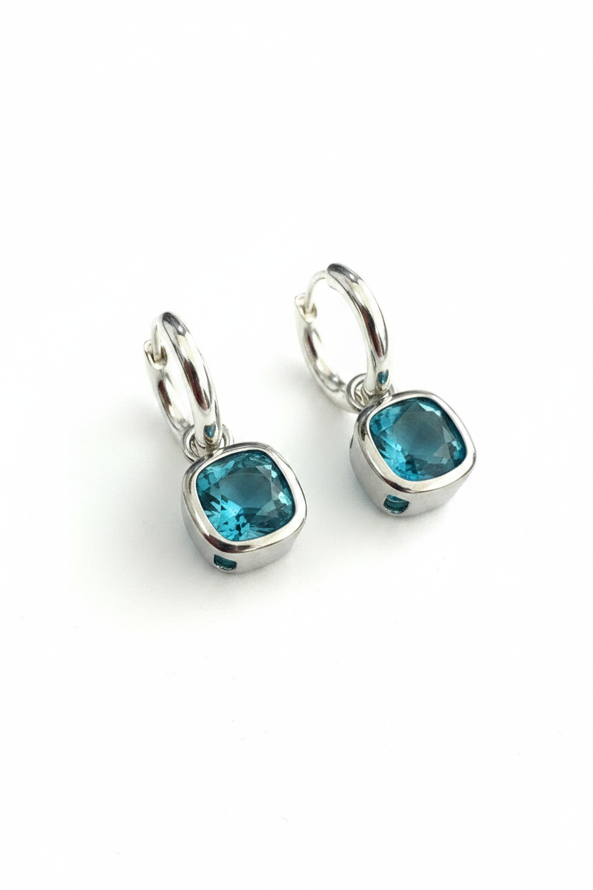 Glass Cushion Hoops or Huggies Silver/Aqua