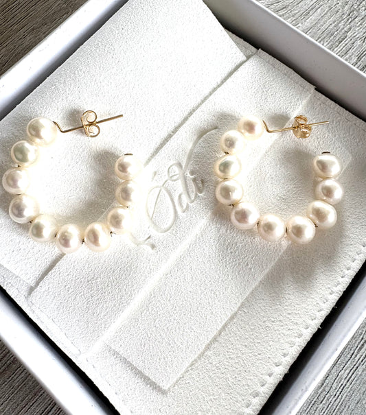 White Pearl Moon Hoops-fresh water pearl