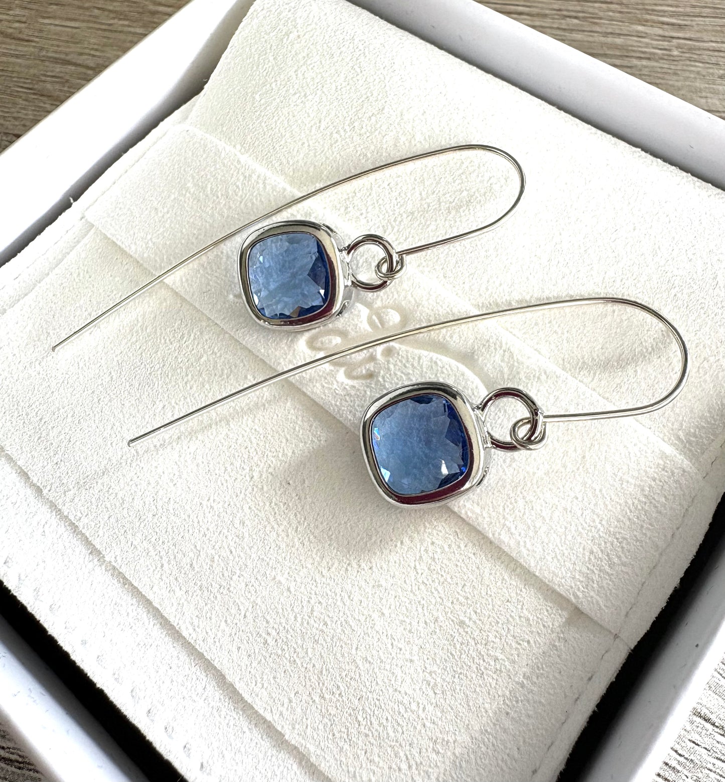 Glass Cushion on Ear Wires Silver/ Sapphire Blue