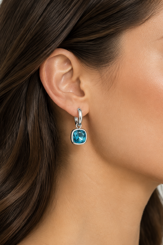 Glass Cushion Hoops or Huggies Silver/Aqua