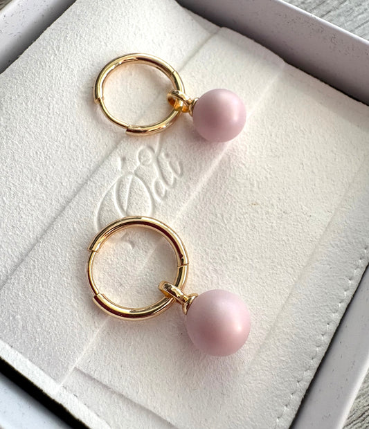 Baby Pink Pearl Rounds Gold Hoops