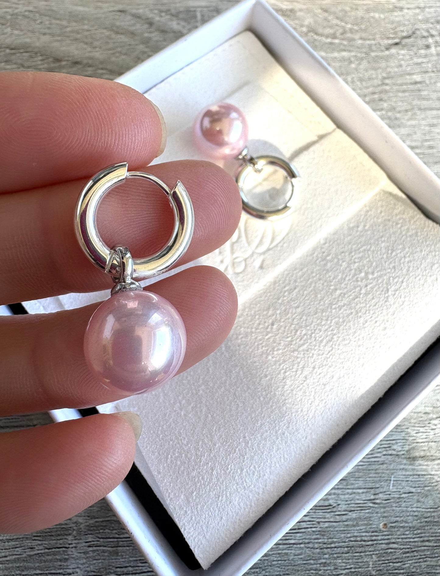 Blush Pink Pearl Silver Huggies