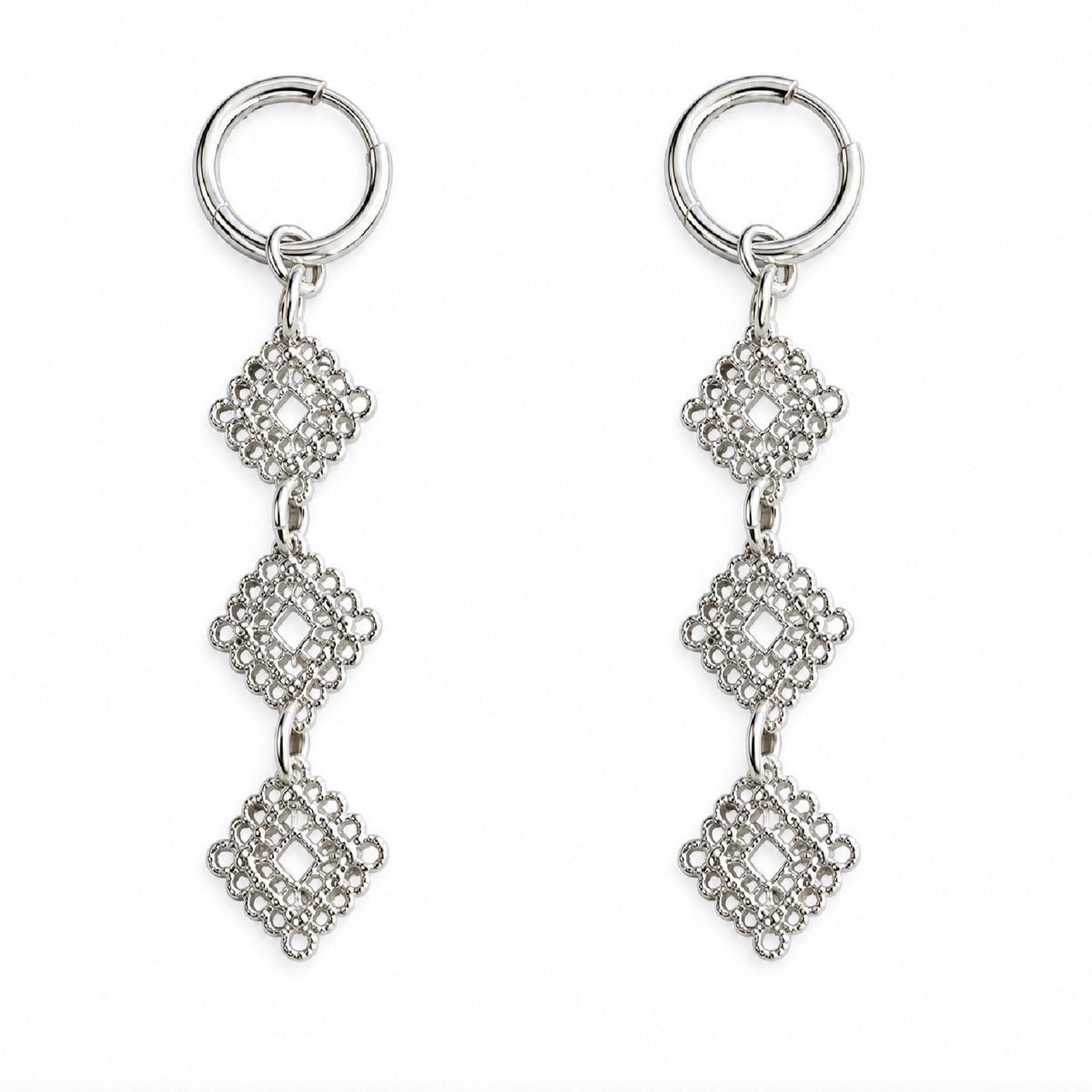 Rhombus Lace Statement Silver Earrings