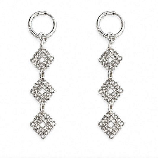 Rhombus Lace Statement Silver Earrings