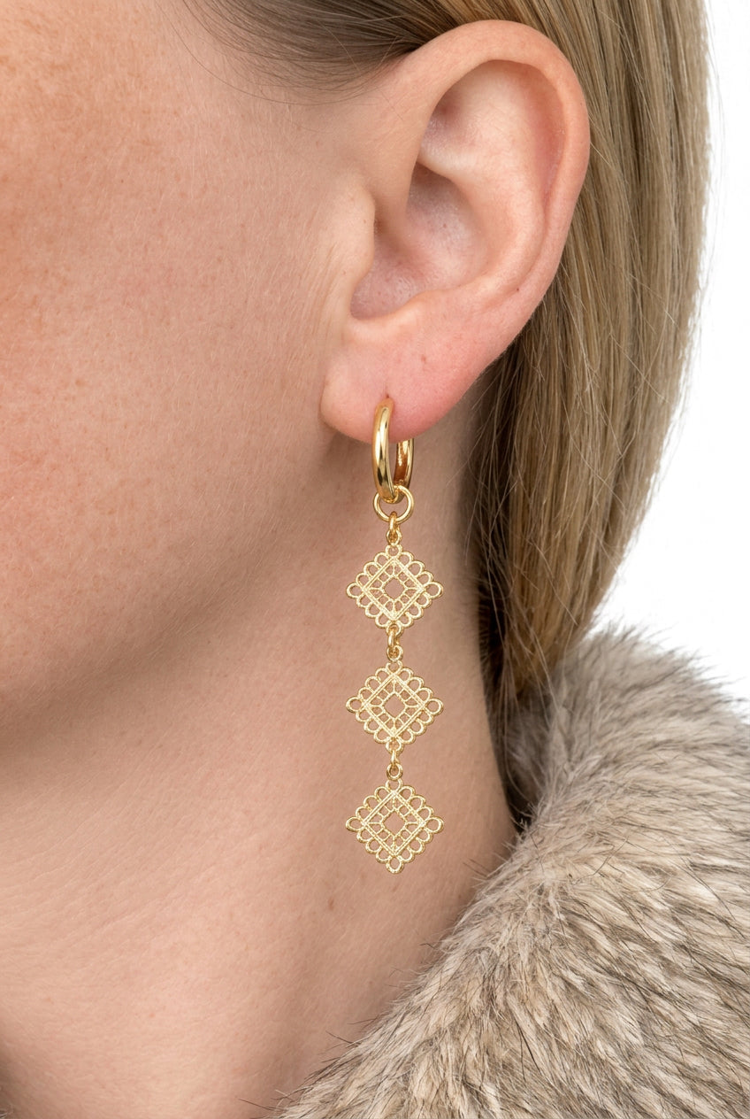 Diamond Lace Statement Silver or Gold Huggie Earrings