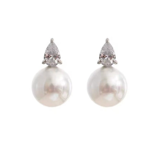 Pearl Stainless Steel Tear Cubic Zirconia Stud Earrings
