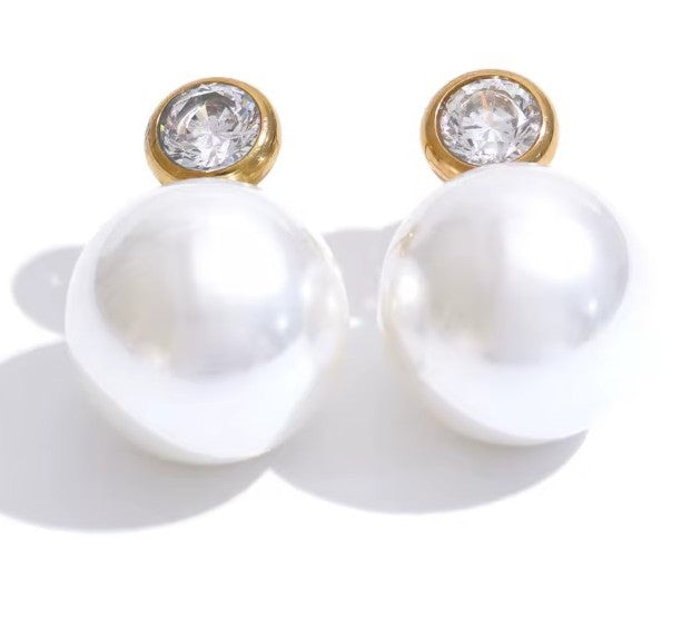 Pearl Stainless Steel round Cubic Zirconia Stud Earrings