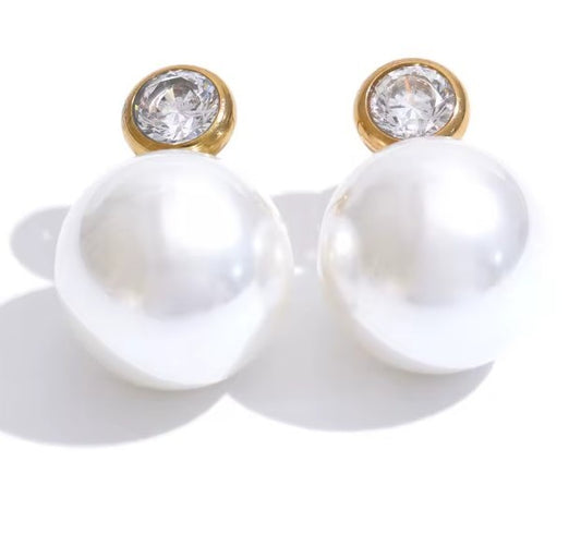 Pearl Stainless Steel round Cubic Zirconia Stud Earrings