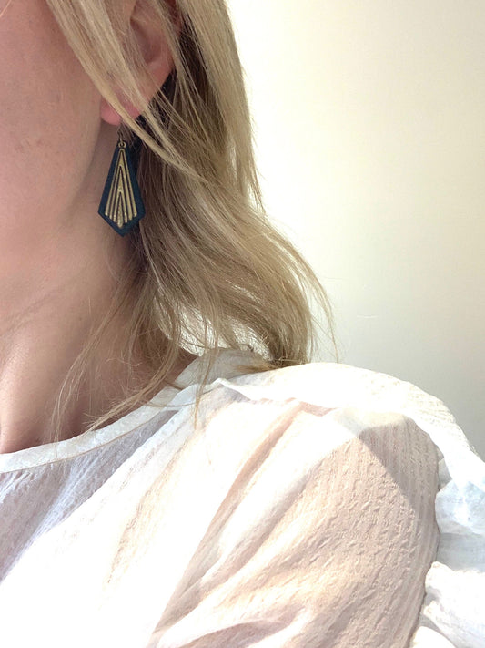 Diamond Drops Black Leather Work Earrings