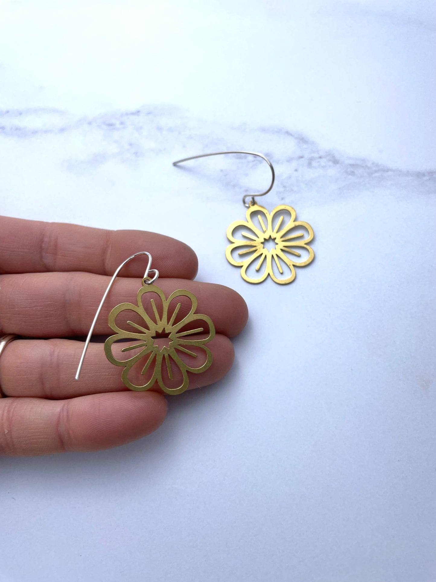 Brass and Sterling Silver Daisy Contrast Earrings