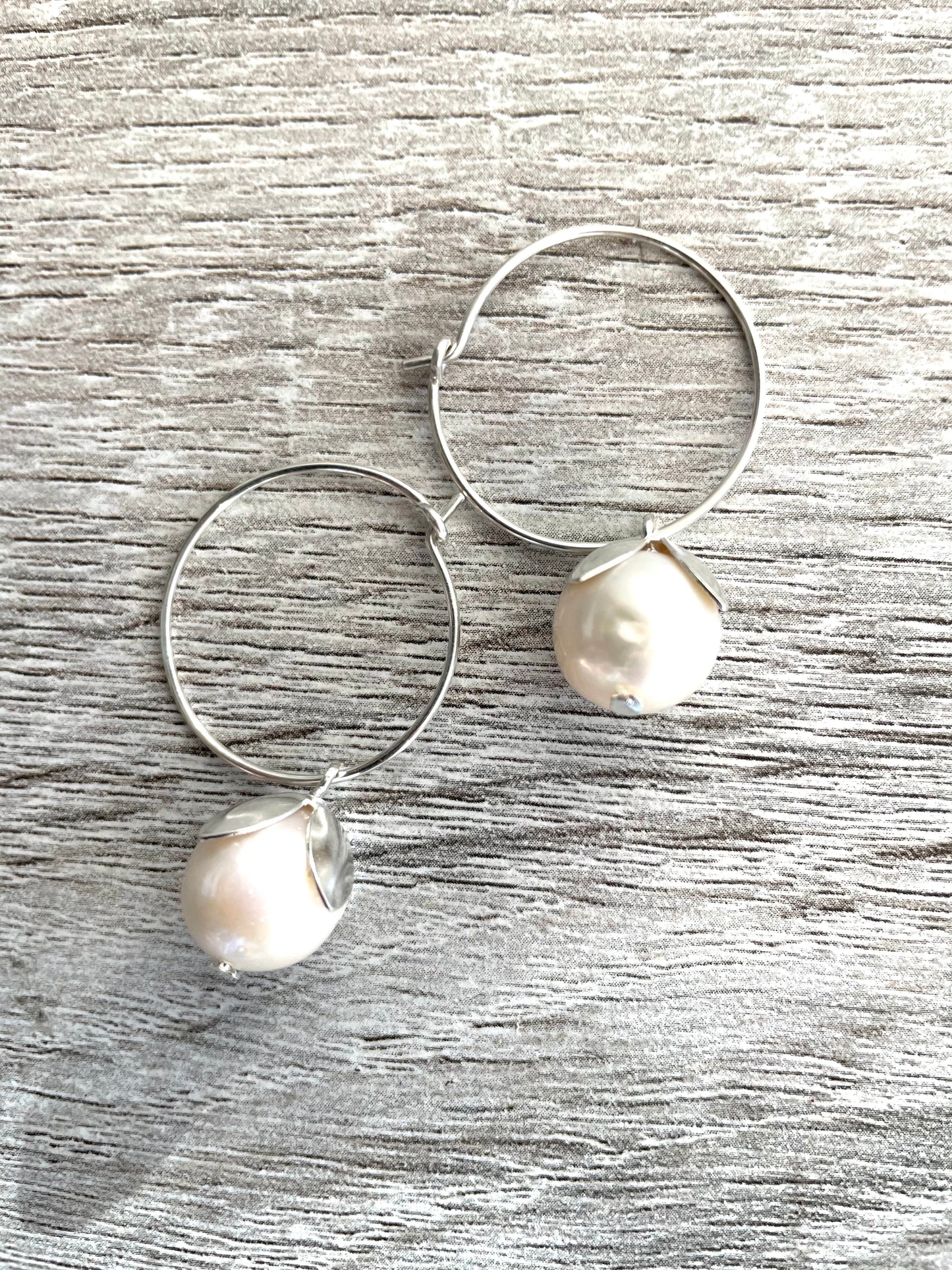 Silver Botanical Pearl Hoops